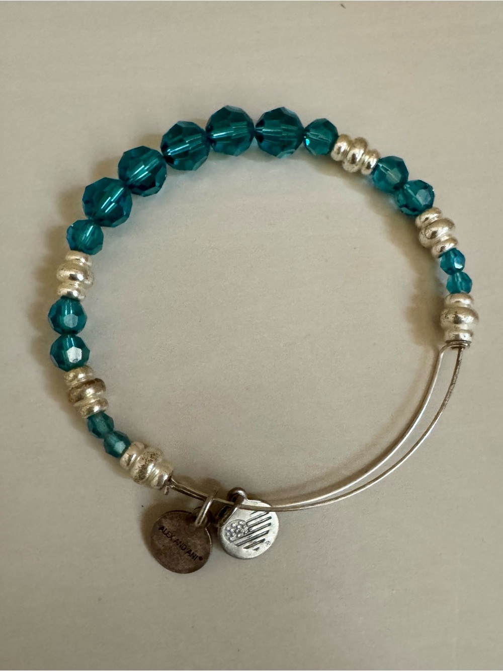 Alex and Ani Teal Faceted Bead Bracelet with Silver Accents